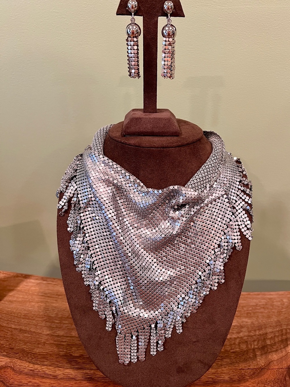 Vintage Silver mesh Fringe Bandana Necklace with Matching Earrings